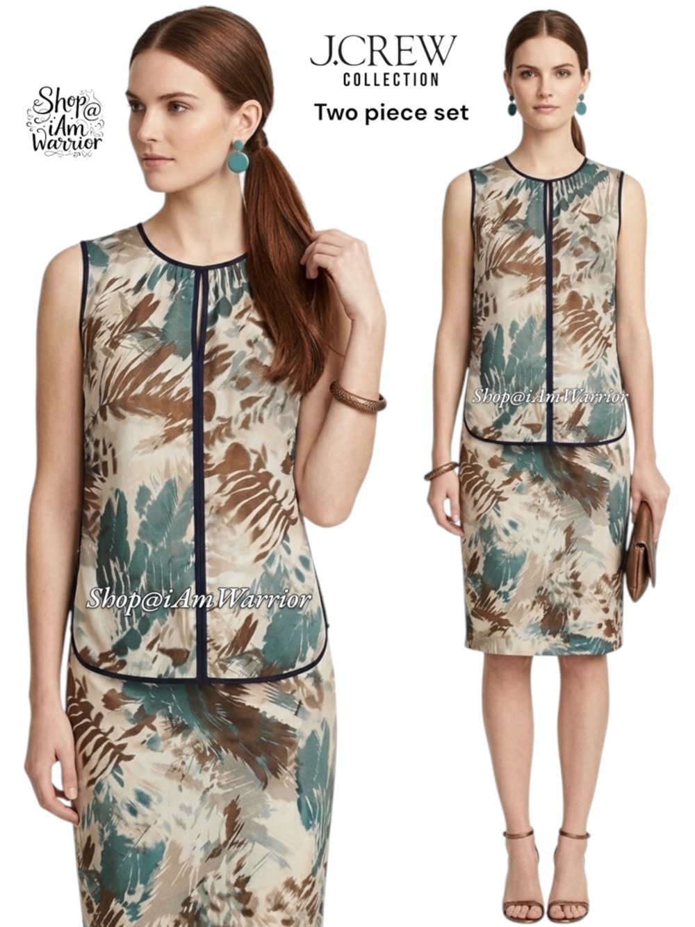 J.Crew Collection rare 2pc silk blend abstract foliage print top+midi skirt